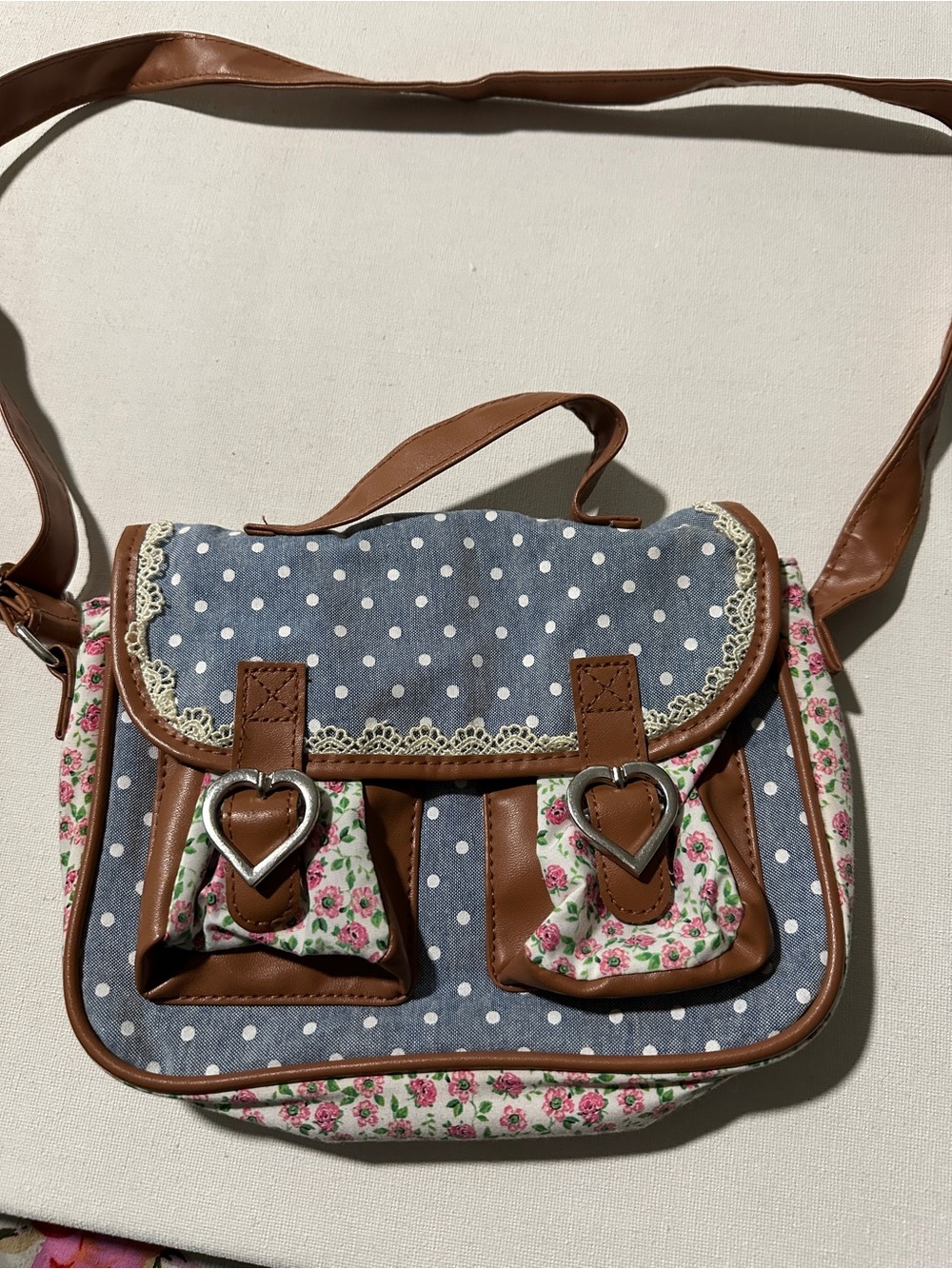 Polka Dot & Floral Crossbody Satchel - Blue and Brown Claire’s